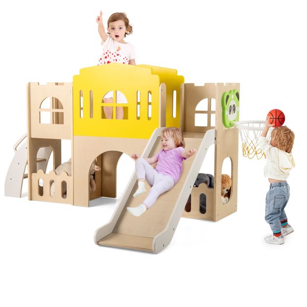 7-in-1 Toddler Wooden Slide Set with Ladder and Long Aisle Playground