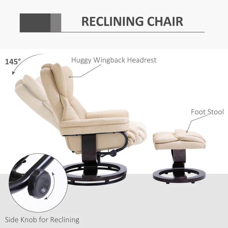 PU Leather Recliner Chair – 360° Swivel with Footstool, Cream, Wood Base