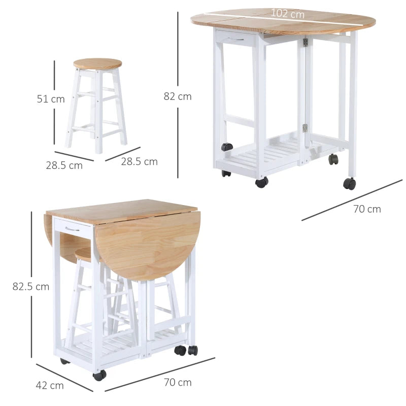 Mobile Dining Table Set with 2 Stools, Foldable, Storage & Wheels