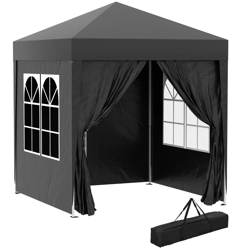 Portable Black Garden Gazebo Pop-Up Tent with Carry Bag, Sidewalls & Windows 2x2m