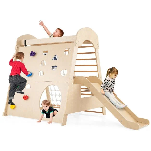 8-in-1 Indoor Wooden Jungle Gym Playground with Climbing Wall for Kids