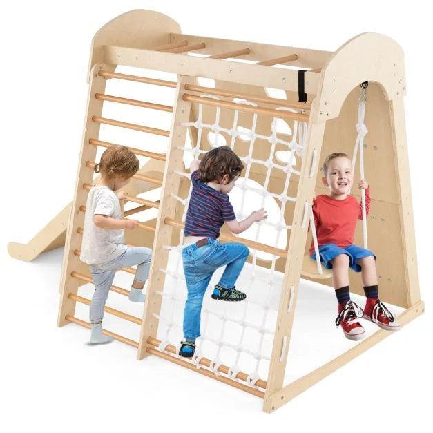 8-in-1 Indoor Wooden Jungle Gym Playground with Climbing Wall for Kids
