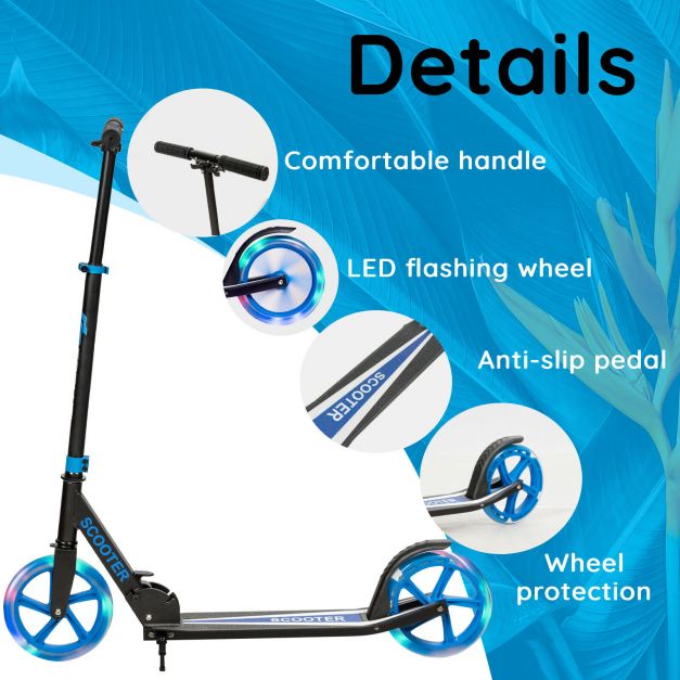 Foldable Kick Scooter with Adjustable Handle, 2 Large Wheels & LED Lights