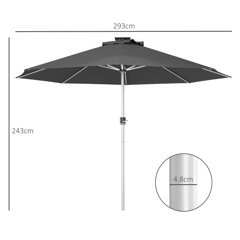 Grey Patio Parasol with Solar-Powered LED Lights for Stylish Outdoor Lighting – 3m