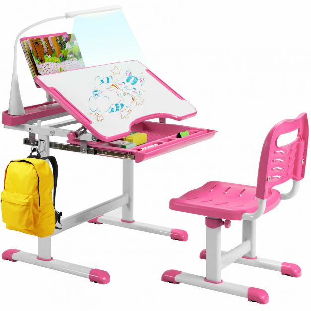 Kids Height Adjustable Desk Set with Lamp and Storage Drawer