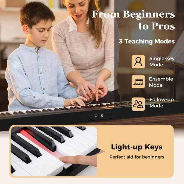 88-Key Foldable Piano Keyboard with MIDI Wireless Connection and Microphone Included