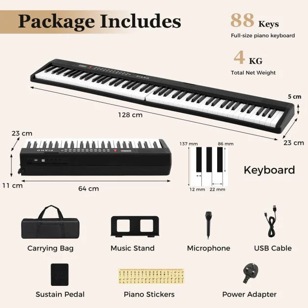 88-Key Foldable Piano Keyboard with MIDI Wireless Connection and Microphone Included