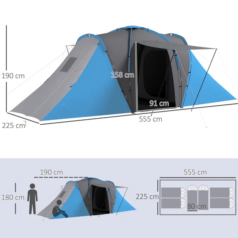 Blue Tunnel Tent – Large 4-6 Man Camping Tent with 2 Bedrooms & Living Area