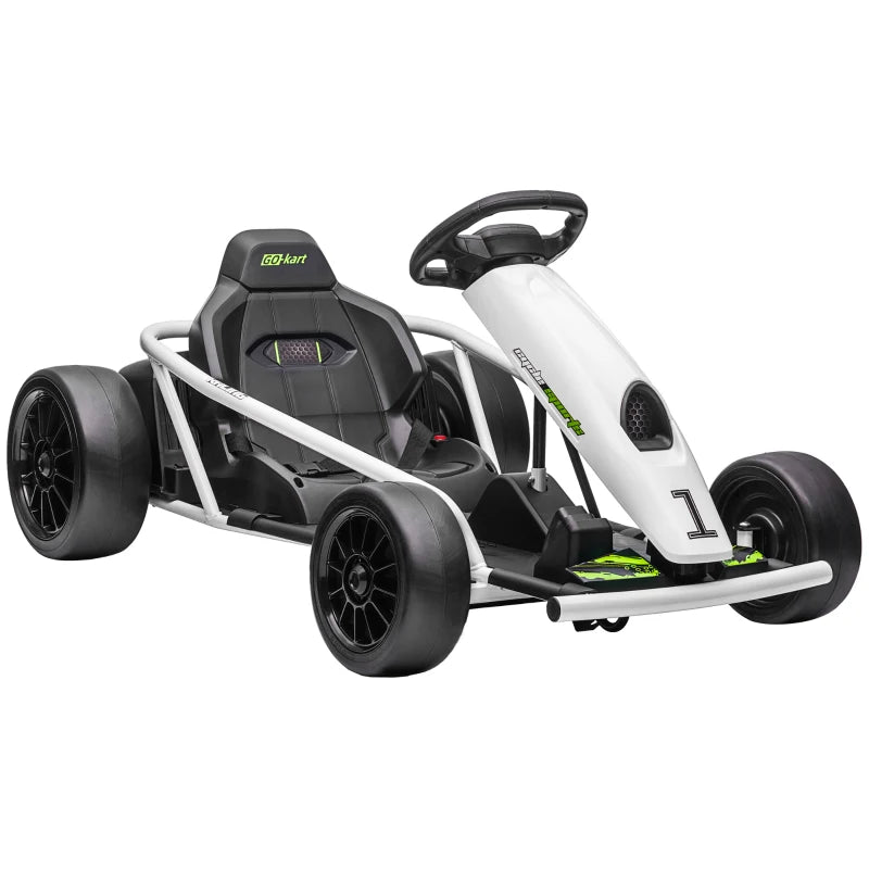24V Ride-On Drift Go Kart for Boys & Girls – 2 Speeds, Racing Style – White, 8-12 Yrs