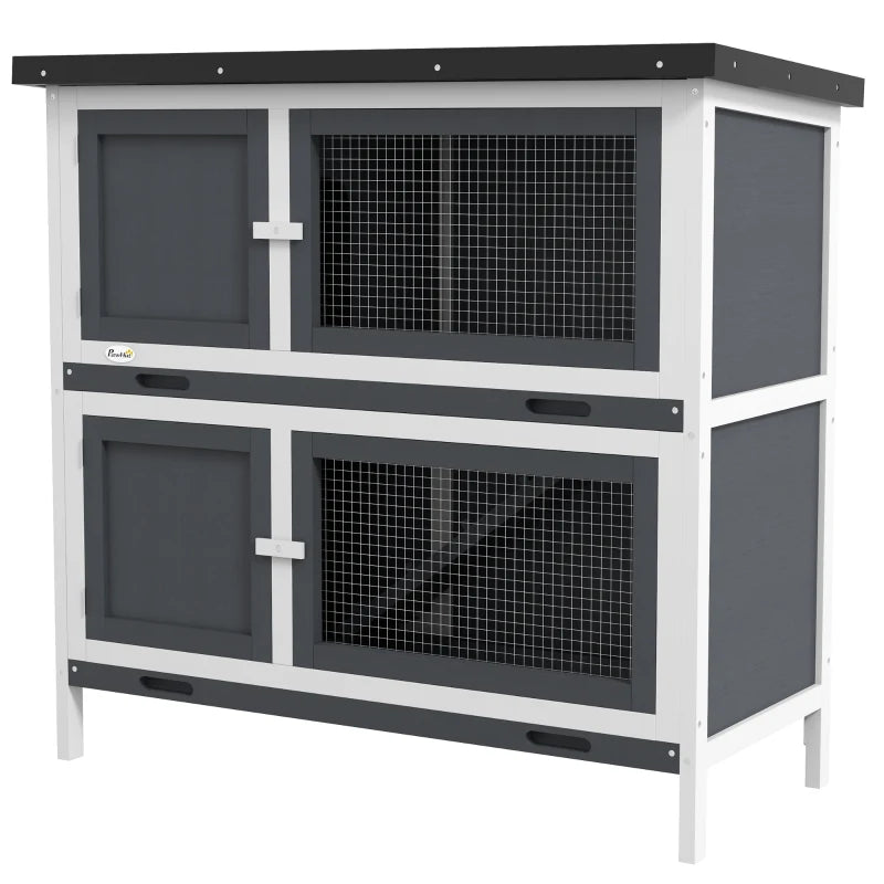 Double Decker Outdoor Rabbit Hutch with Slide-Out Tray – 2 Tier, Grey