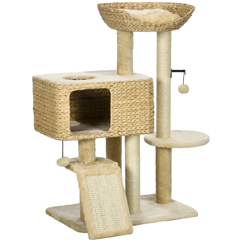 Cat Tree Tower 95cm with Scratching Post, Cat House & Toy Ball – Beige