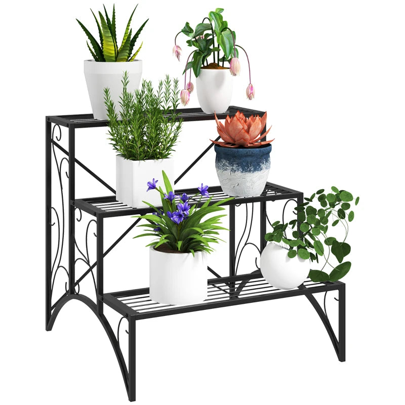 Durable Black Metal Plant Stand with Three Tiers – Decorative and Space-Saving