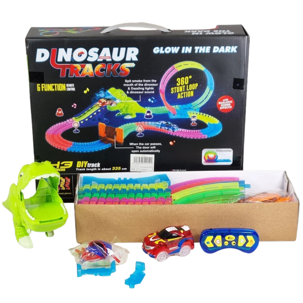 Glow in the Dark Dinosaur Slot Car Race Track Set 143 Piece T-Rex Smoking Stunt Kids Toy