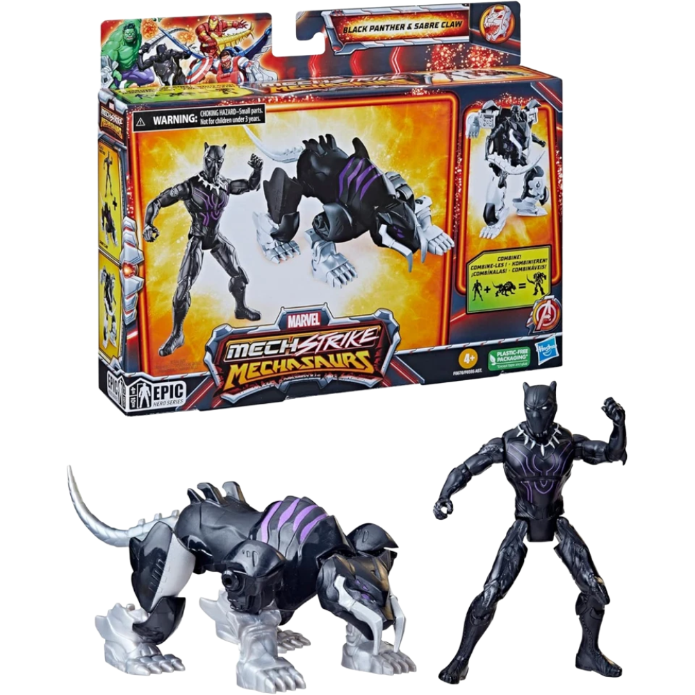 Marvel Mech Strike Black Panther Sabre Claw Mechasaur 4-Inch Action Figure Battle Toy Set