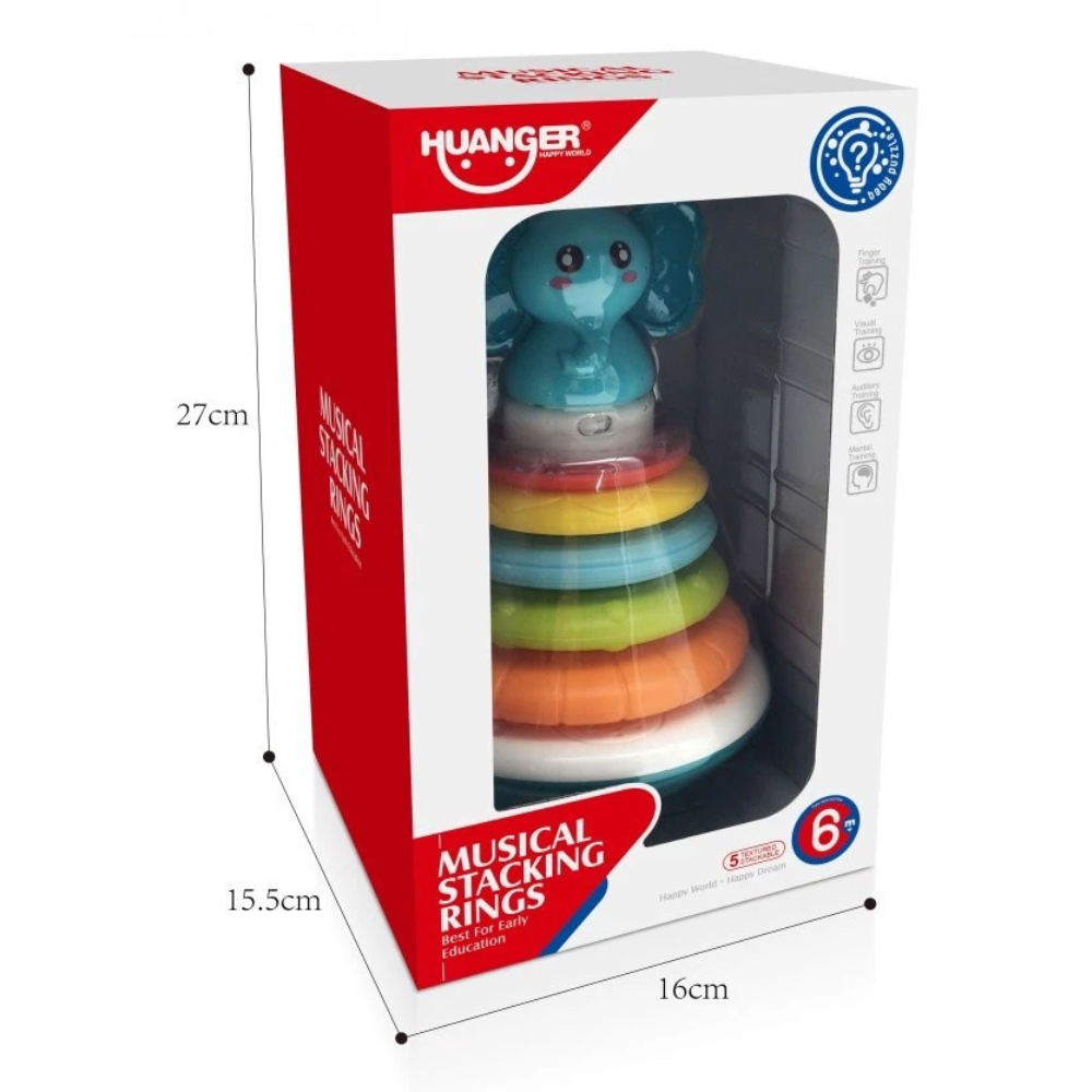 Musical Elephant Stacking Rings Toy for Babies with Rainbow Colours and Teether 6 Months+