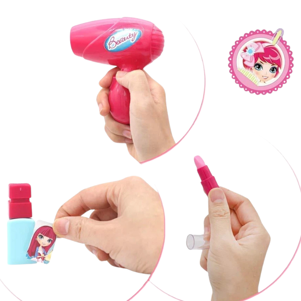 19pc Girls Role Play Jewelry Kit Princess Suitcase Pretend Makeup Hair Styling Toy Set