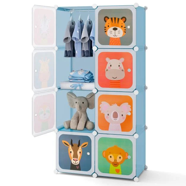 Portable 8-Cube Kids Closet with Hanging Section for Storage