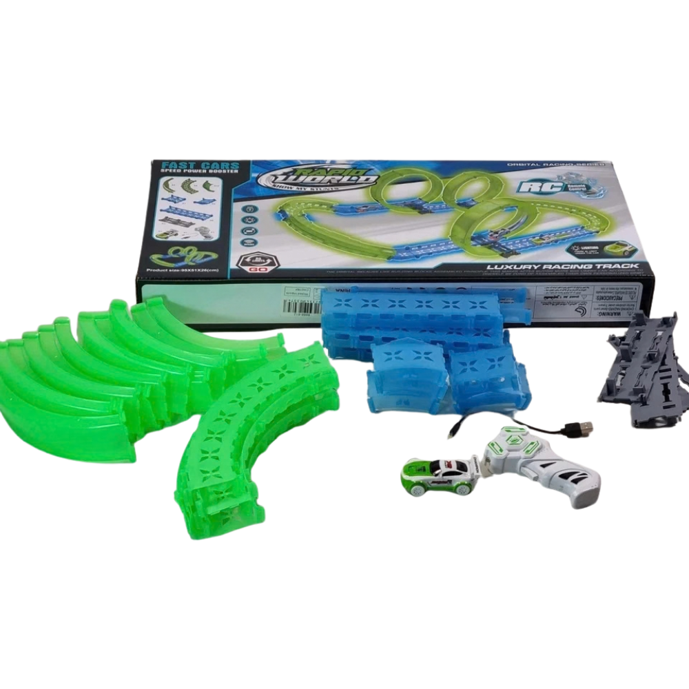 Glow in the Dark Slot Car Race Track Set 38pcs 3 Loops RC Car Stunt Racing Kids 6+