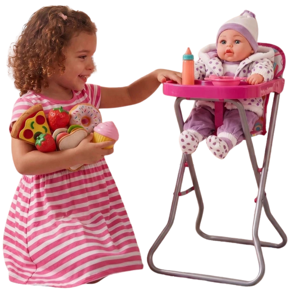 BiBi Doll Baby Doll High Chair Folding Pretend Play Furniture Pink Up to 20 Inch Dolls