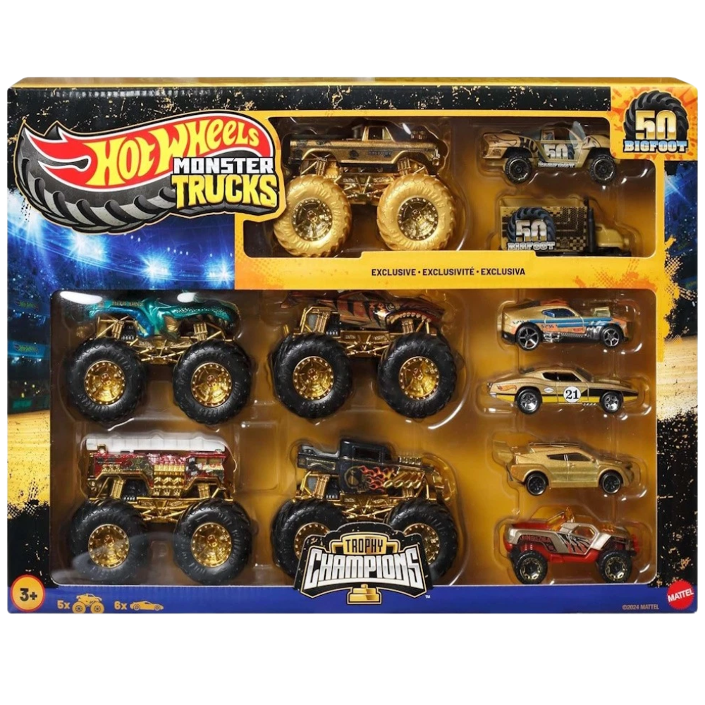 Hot Wheels Monster Trucks Bigfoot Trophy Champions 50th Anniversary Set