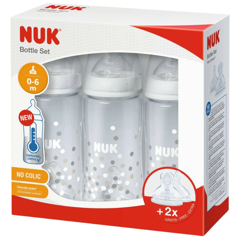 NUK First Choice+ 3-Pack 300ml Baby Bottles with Temperature Control and 5 Teats 0-6 Months
