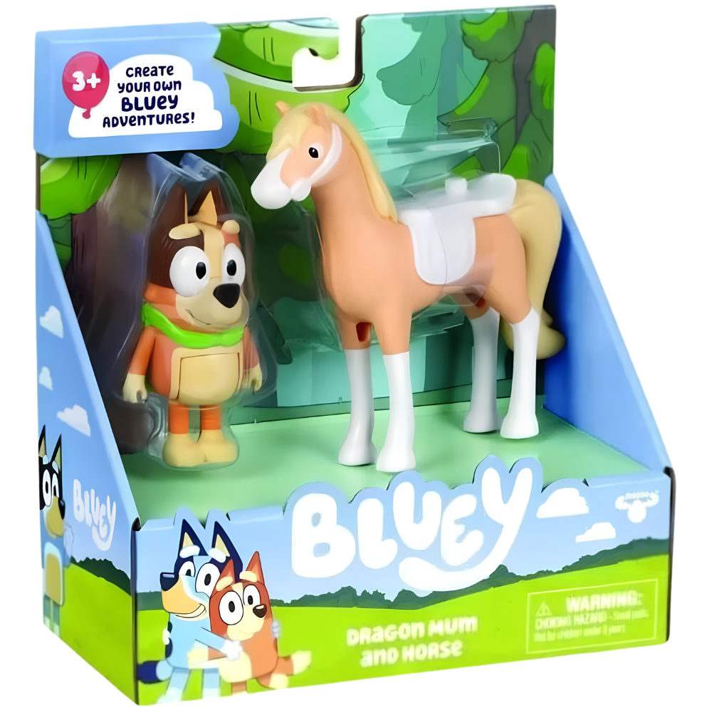 Bluey Dragon Mum and Horse Figures Playset, Chilli Character Toy Set, Kids Gift Age 3+