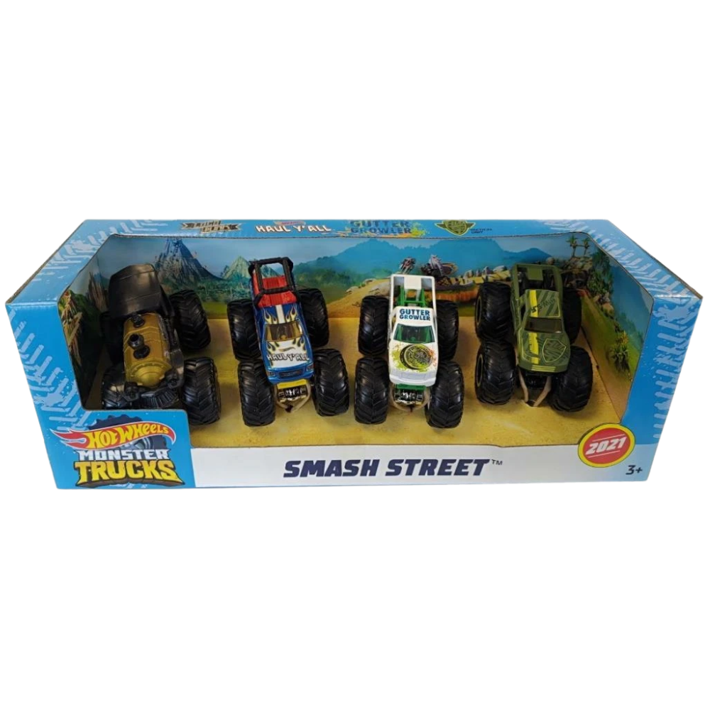 Hot Wheels Smash Street Pack of 4 Monster Trucks GYG72 Lock Punk Haul Y' All