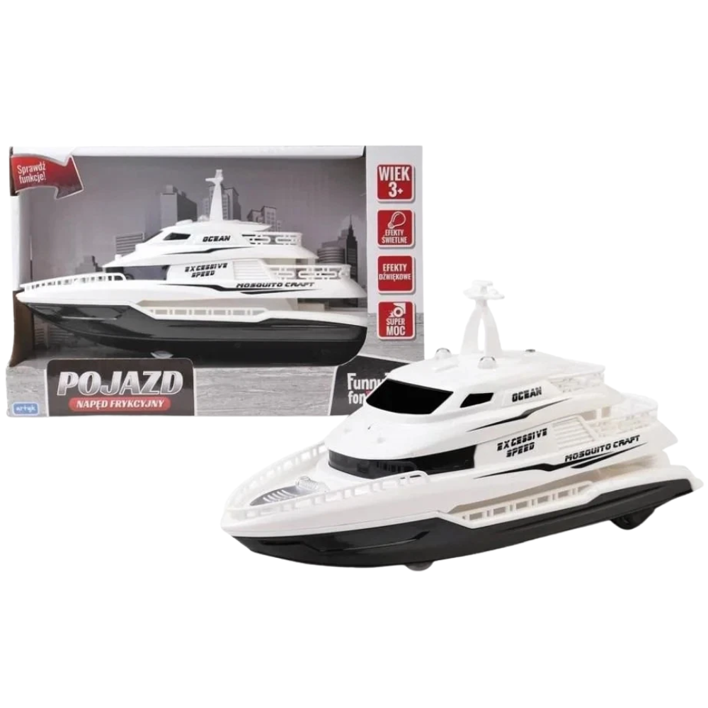 Toy Friction Drive Speedboat for Kids, White Yacht with Light and Sound Effects, Age 3+