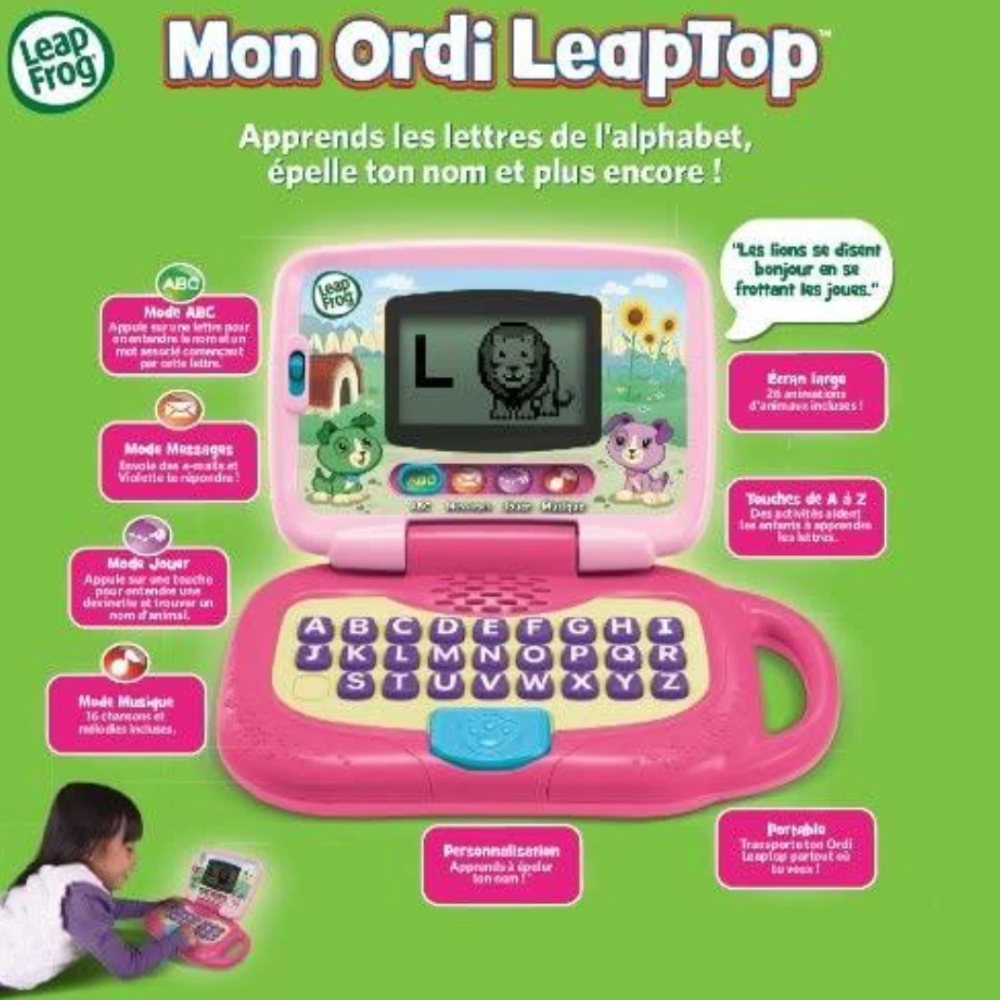 LeapFrog My Own Leaptop Pink French Language Kids Learning Laptop Toy ABC Games Music 26 Animations