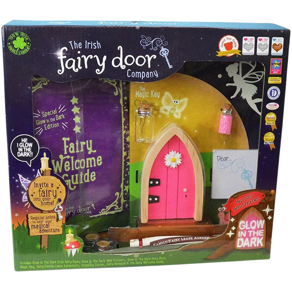 The Irish Fairy Door Company Glow In The Dark Pink Fairy Door Kit with Magic Key Dust & Stickers FD28