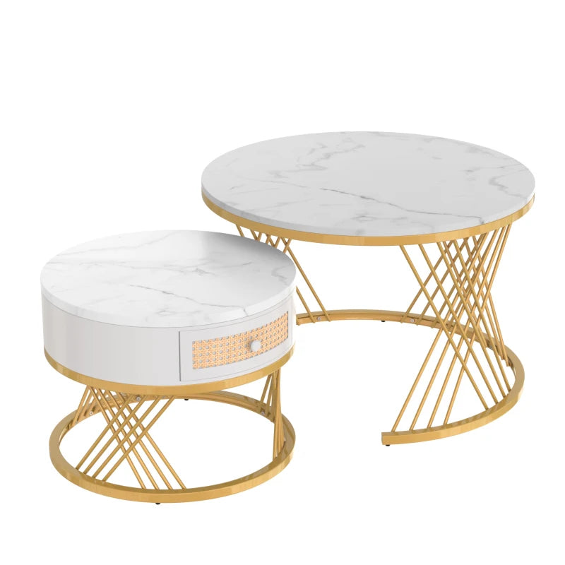 Luxury 2-in-1 Marble Coffee Tables with Storage Drawers & Gold Iron Legs