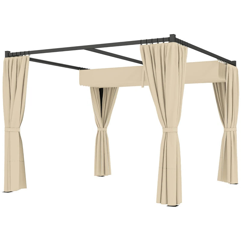 Khaki 3x3m Outdoor Pergola with Sliding Roof and Privacy Curtains for Garden