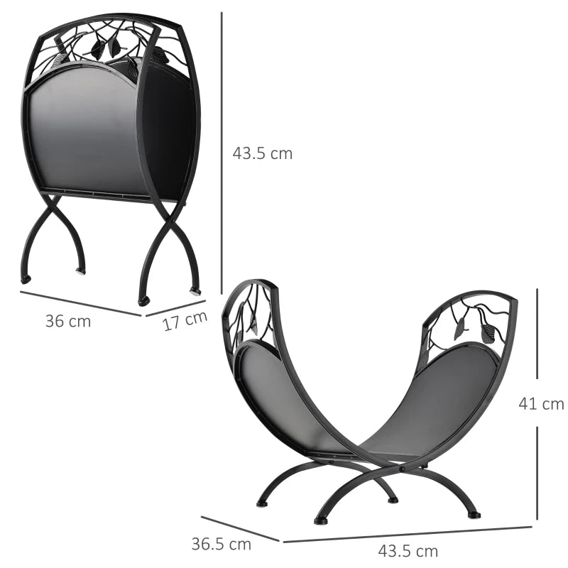 Folding Firewood Rack with Metal Arced Frame and Decorative Leaf Pattern Design