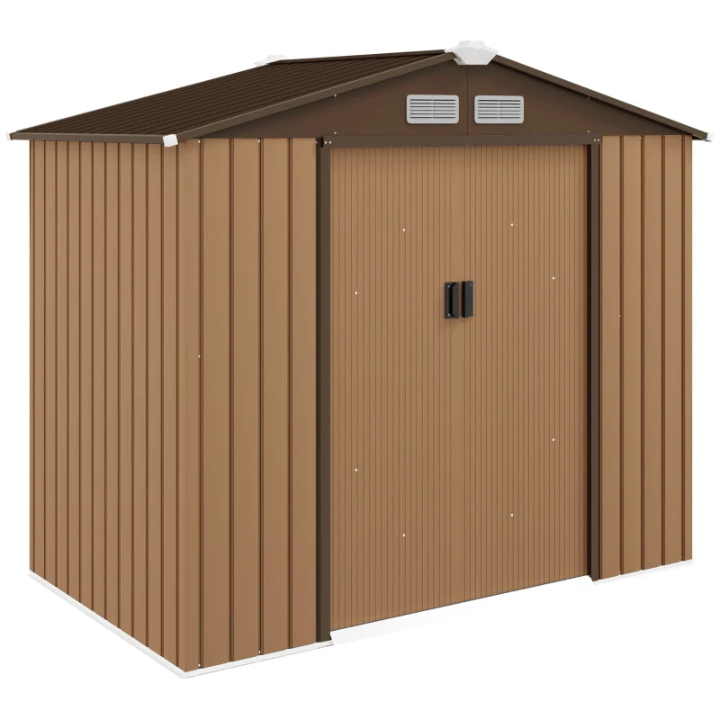 Lockable Metal Garden Tool Storage Shed with Foundation & Vents, 7x4ft Outdoor Shed, Light Brown