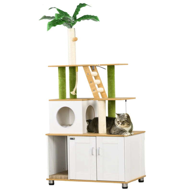 Green Leaf Cat Tree with Ladder, House & Hidden Litter Box – Oak