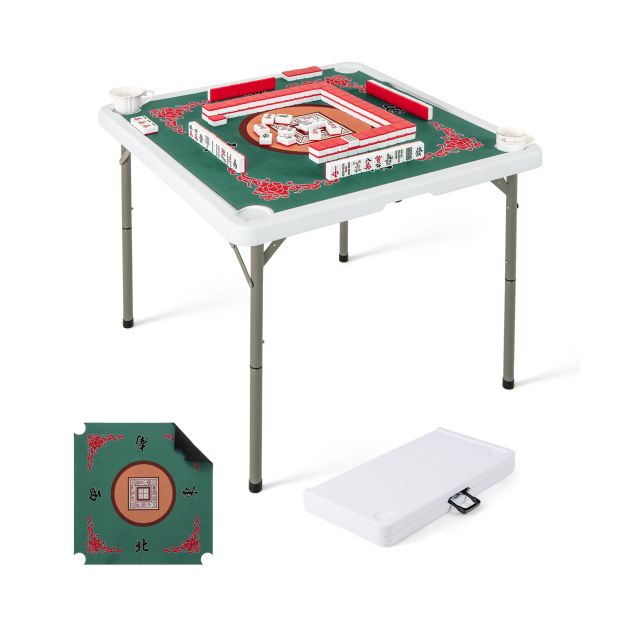 Foldable Mahjong Table with Cup Holders & Detachable Game Mat