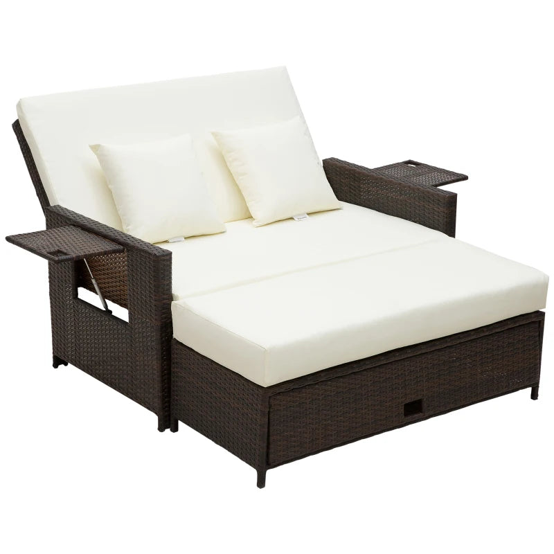 Rattan Sun Lounger 2-Seater Day Bed – Outdoor Patio Garden Furniture, Brown