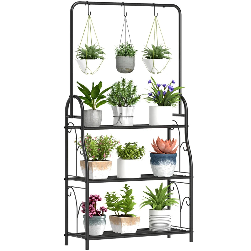 Ladder Style 3-Tier Metal Plant Stand with Hooks – Ideal for Porch and Balcony