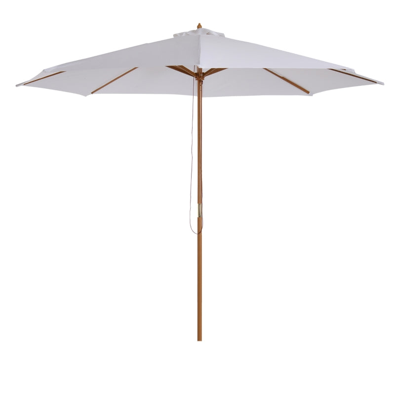 Pulley-operated cream white parasol with wooden table and 8 ribs for outdoor use – 3m