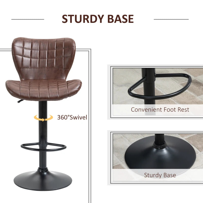 2-Piece Adjustable Swivel Bar Stools, Brown PU Leather, Backrest & Footrest