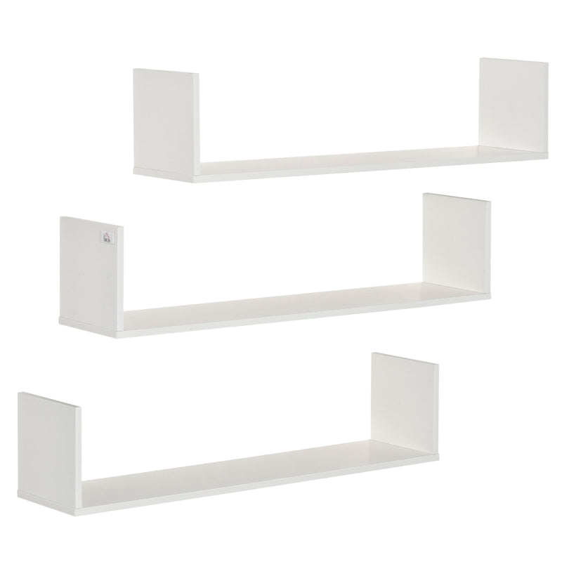 Wall Mounted Set of 3 White U-Shaped Floating Shelves for Storage