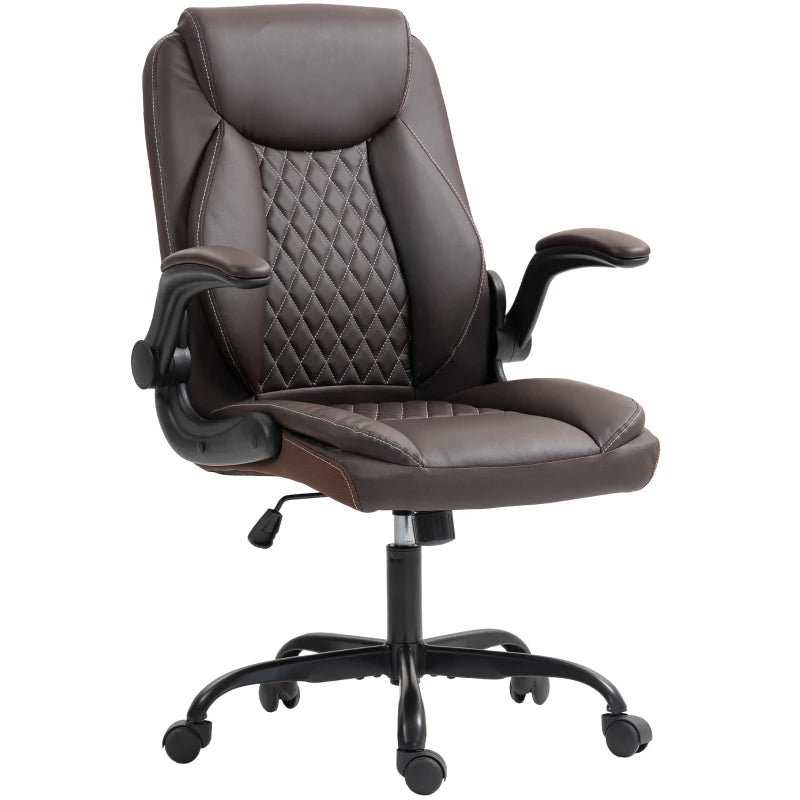 Brown Faux Leather Office Chair with Flip-Up Armrests