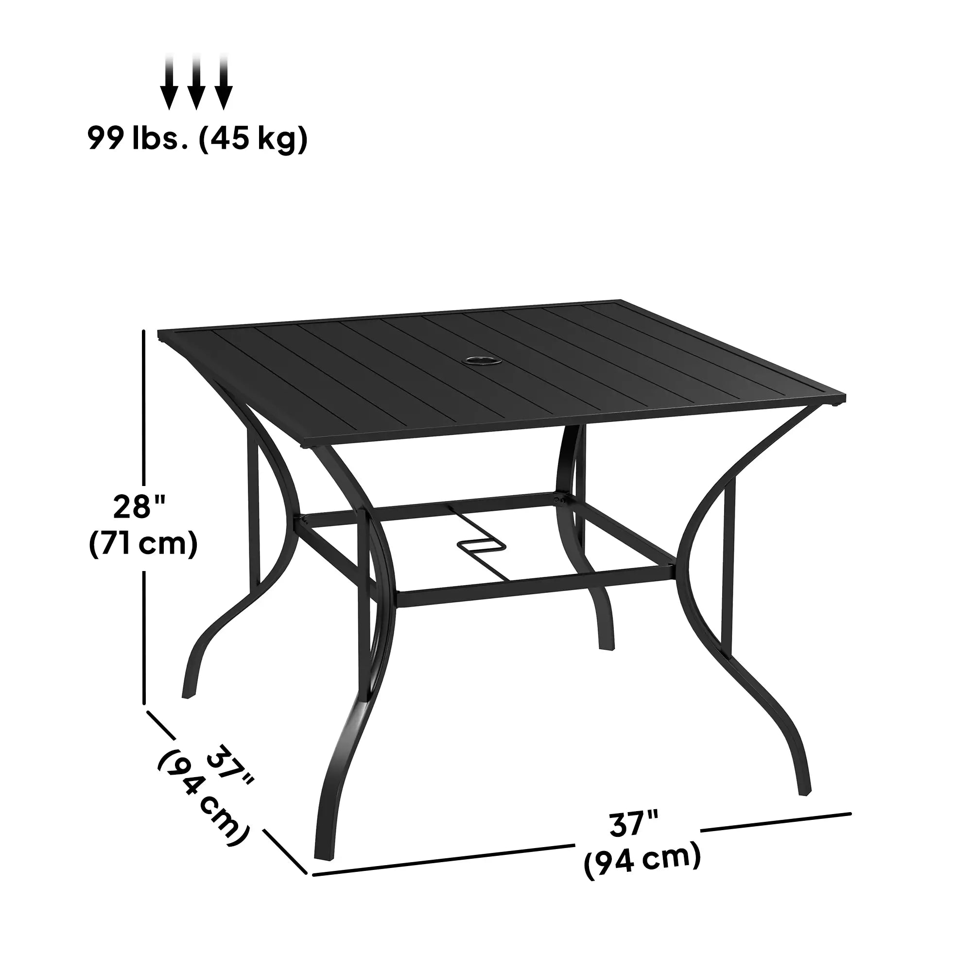 Outdoor Garden Table for Four with Parasol Hole, Black Slatted Metal Top, 94x94cm