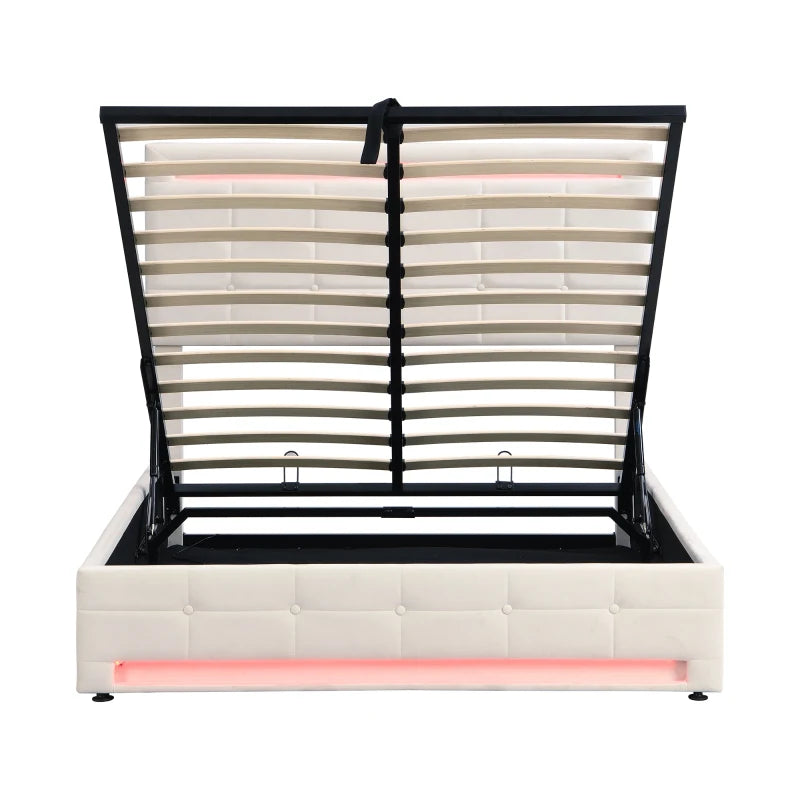 Double Bed with Velvet Upholstery, Storage & LED Remote Light – Beige