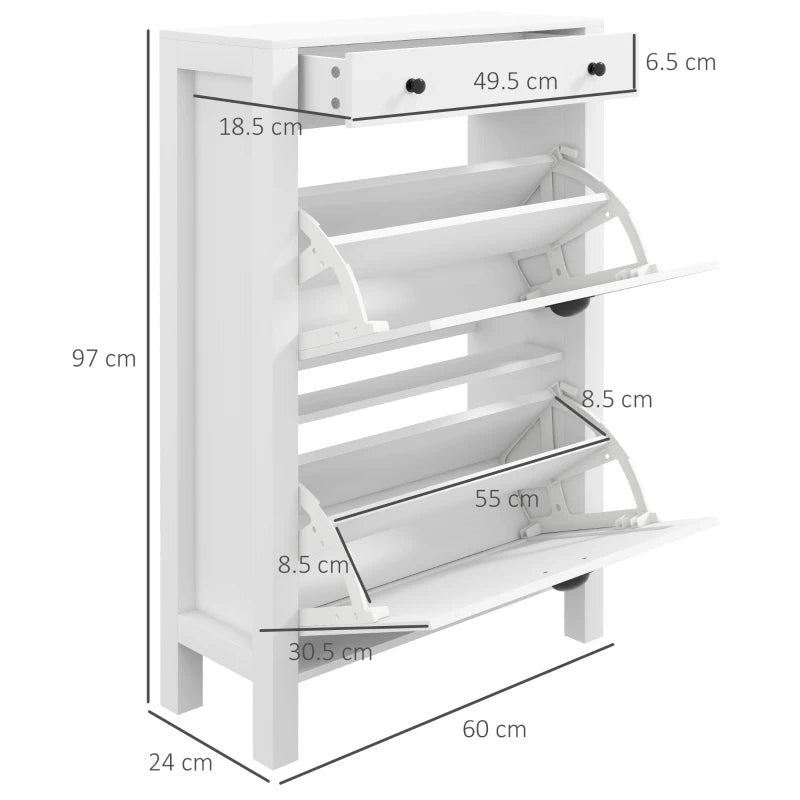 Slim White Shoe Cabinet with Flip Drawers and Adjustable Shelves