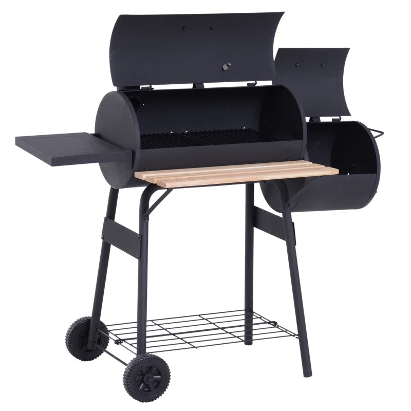 Portable Charcoal BBQ Grill with Solid Wood Accents, Cold-Rolled Steel Black, 104x124x53cm