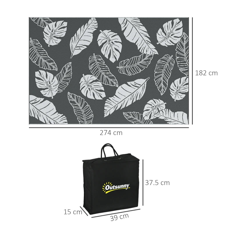 Portable Grey & White Outdoor Rug – Reversible Plastic Mat 182x274cm with Bag