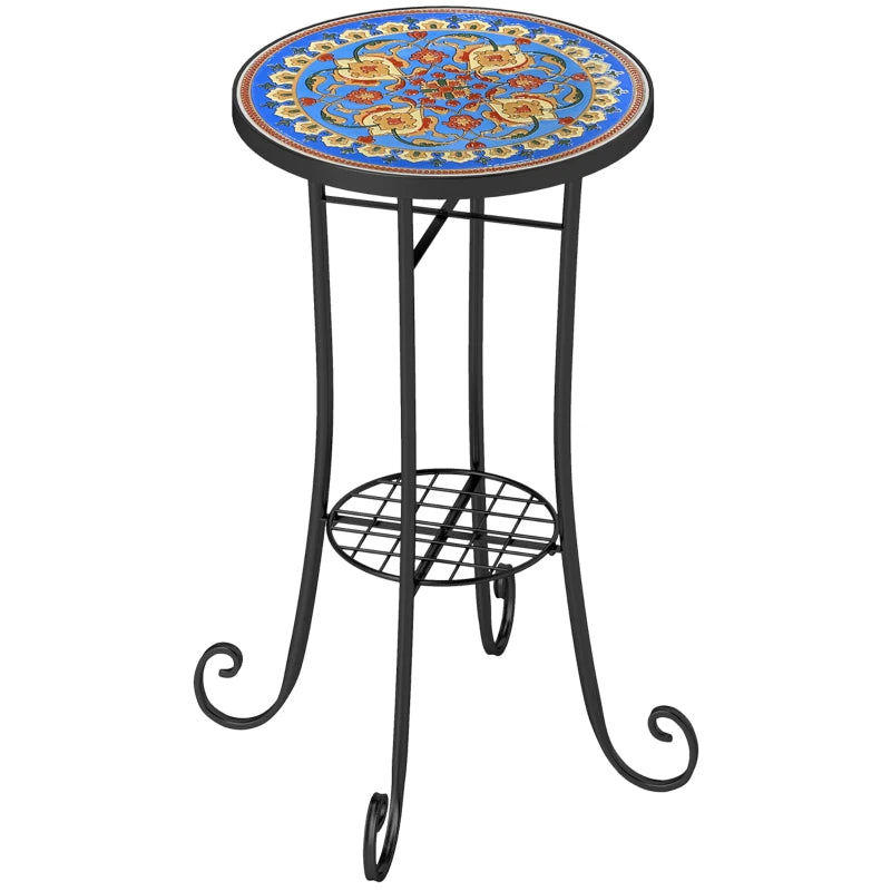 Mosaic Garden Side Table 35.5cm Round with Ceramic Tile Top and Storage Shelf, Blue