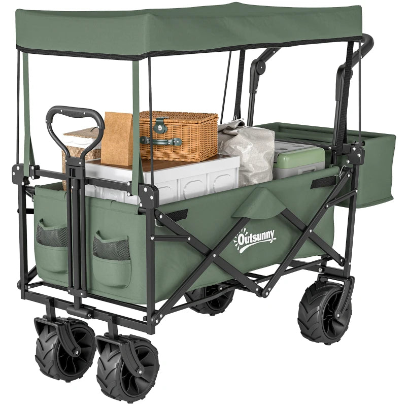 Outdoor Folding Trolley Cart with Overhead Canopy, 4 Wheels & Handle for Beach and Camping – Green