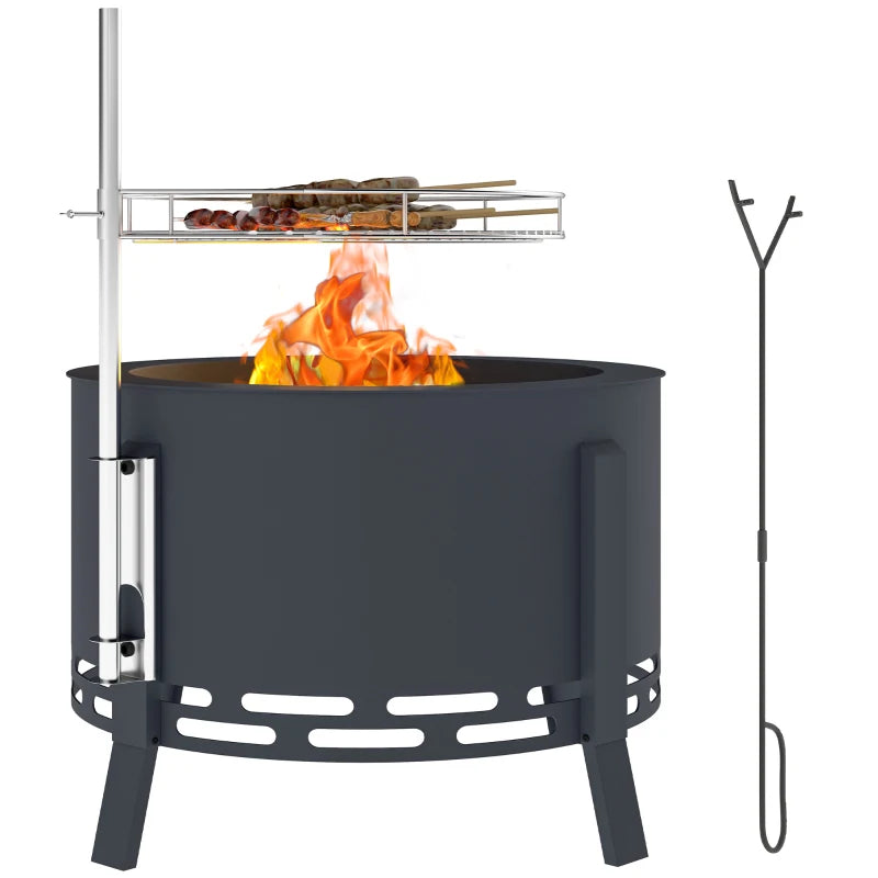 Portable Black Fire Pit 58cm with Grill Grate, Ash Catcher & Poker for Outdoor BBQ